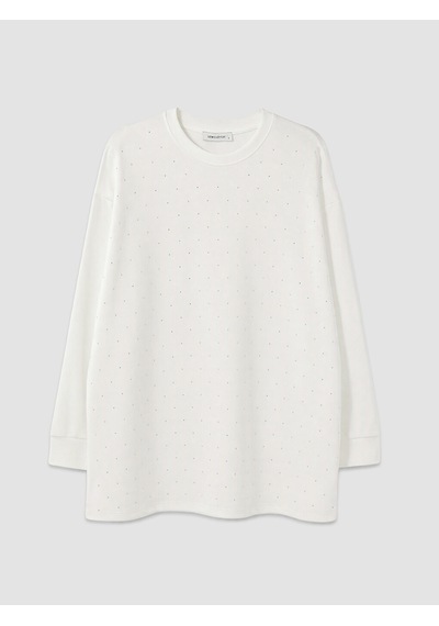 Lcw Everyday Beyaz Taşlı Soft Touch Oversize Kadın Sweatshirt Tunik