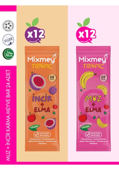 Muz + İncir Karma Meyve Barı 24 Adet Atıştırmalıklar Vegan, Glutensiz 20gr X 24 Adet