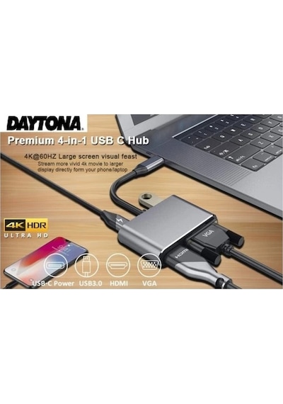 Daytona Cf02 4In1 Type-C To Hdmı/Vga/Pd Şarj Çevirici