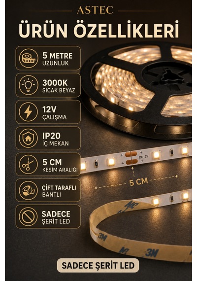 Astec 12v Şerit Led 5 Metre / 10 Metre Yapışkanlı Kesilebilir İç Mekân Aydınlatma Trafo Hariç Bütün Renkler
