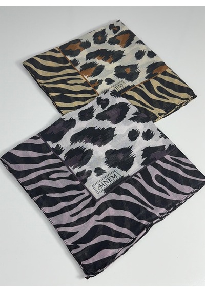 Sinem İndia Leopar Desen 2'li Eşarp -6294 Mor-hardal