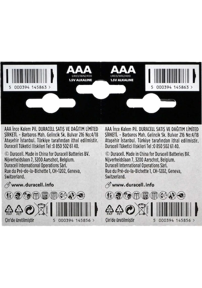 Duracell LR03/MN2400 AAA Kartela İnce Kalem Pil 20'li