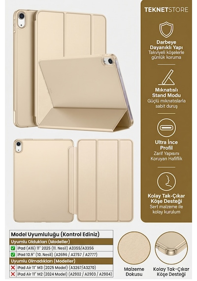 İpad 11. Nesil A16 Ve 10. Nesil 10.9" Uyumlu Kılıf A3355 A2696 Ultra İnce Standlı Kapak Starlight Kapaklı Kılıf