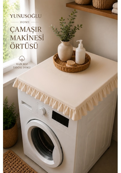 Ham Bez Fırfırlı Çamaşır Makinesi Örtüsü 60x60 Cm Dekoratif Doğal Kumaş Makine Koruyucu Krem