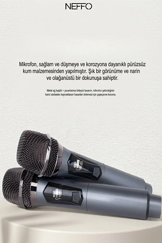 Çiftli Kablosuz Mikrofon Seti Şarj Edilebilir Karaoke Mikrofonu, 50 Metre Mesafe