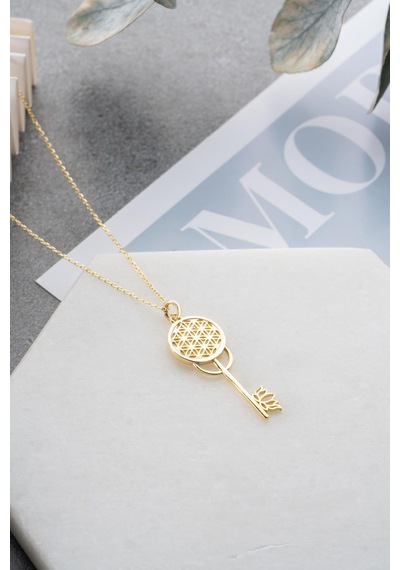 925 Ayar Gümüş Gold Kaplama Lotus Çiçeği Detaylı Anahtar Kolye Gold