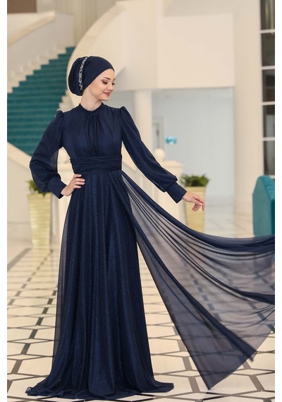 Raika Moda Şık Tasarım Tül Kübra Abiye Lacivert