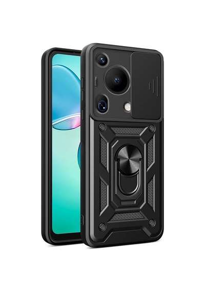 Ennar Huawei Pura 70 Ultra Kılıf Magnetik Standlı Sürgülü Kamera Korumalı 360 Döner Yüzüklü Kapak Siyah
