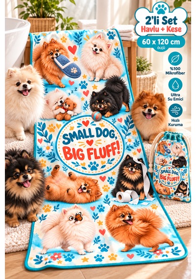 Kedi & Köpek Kurulama Havluları Pomeranian Mix - Köpek Desenli Büyük Boy Hızlı Kuruyan 60x120cm