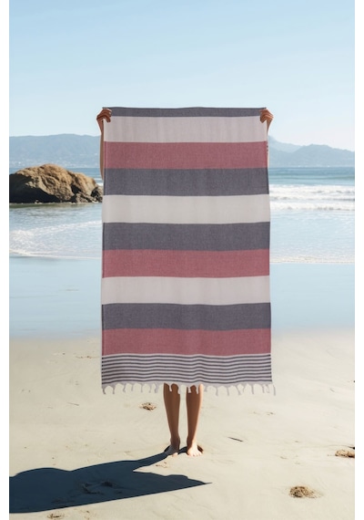 %100 Pamuk Kırmızı American Desenli Püsküllü Peştamal 2 Li - 100x180 Cm Kırmızı