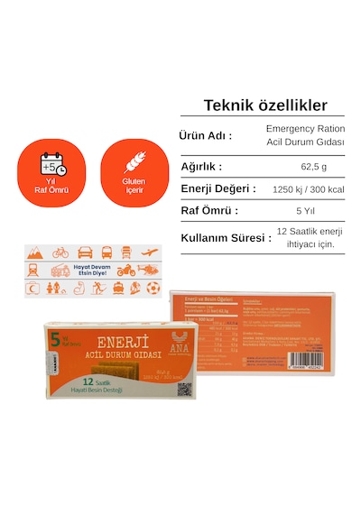 Ana Enerji Acil Durum Gıdası 62,5g 1250 Kj 1 Kişilik 12 Saatlik Besin Desteği