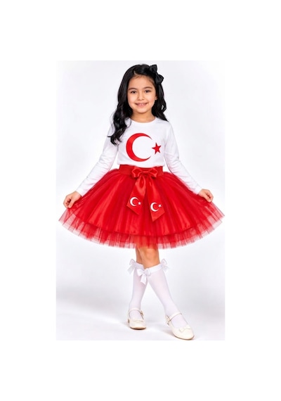 Trendmirend 29 Ekim Ve 23 Nisan Ay Yıkdız Uz Kol Bayraklı Tişört Ve Etek Takım Bayaz Bayaz