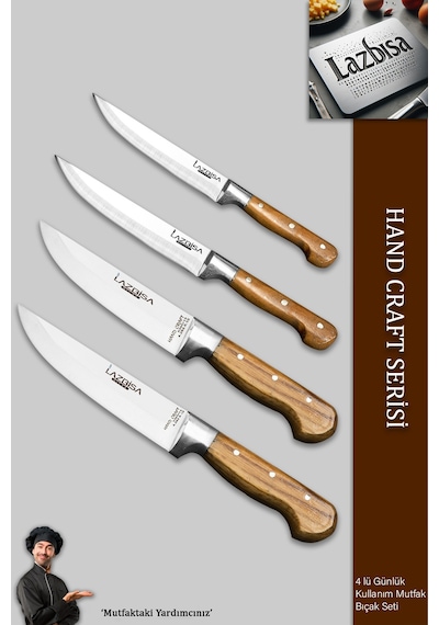 Lazbisa Mtf-036 Hand Craft Mutfak Bıçak Seti Et Ekmek Sebze Bıçağı 4 Lü Set Günlük Kullanım Kahverengi