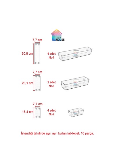 10'lu Set Modüler Kaşıklık Şeffaf Çekmece Içi Düzenleyici Mutfak Makyaj Banyo Buzdolabı Organizer Şeffaf 42 X 49 Çok Renkli