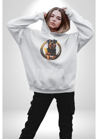 Süper Tasma Rottweiler Eğitim Kadın Erkek Beyaz Kapüşonlu Sweatshirt Hoodie Beyaz