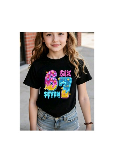 Stil X Sıx Seven Baskılı Kız Çocuk Tshırt, 67 Tasarımlı Siyah-3