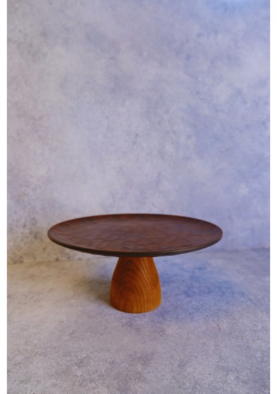 Justwood Ligna Melamin Ahşap Rölyefli 28 Cm Lucca Ayaklı Pasta Tabağı, Servis Tabağı, Sunumluk Koyu Kahverengi