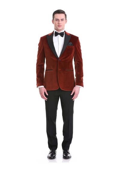 Hatemoğlu Kiremit Slim Fit Düz Sivri Yaka Kadife Klasik Smokin Damatlık 33 Kahverengi