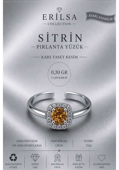 Sertifikalı Sitrin Taşı Pırlanta Model Kare Faset Kesim 1,50 Kara Çok Renkli