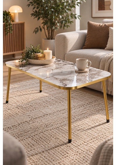 Sulorahome Beyaz Orta Sehpa Gold Ayaklı Altın - Beyaz