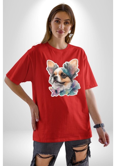 Chihuahua Köpek Pamuklu Bisiklet Yaka Unisex Oversize Boyfriend Dijital Baskılı Kırmızı T-shirt Kırmızı