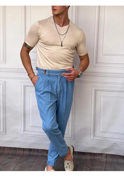Modefendi Slim Fit Pamuk Triko Kumaş Tshırt Krem