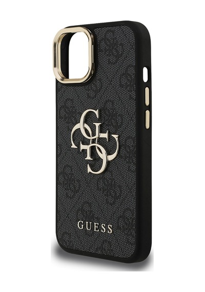 Apple Uyumlu iPhone 15 Kılıf Guess Lisanslı Metal 4g Ve Yazı Logolu Kamera Standlı Kapak Siyah
