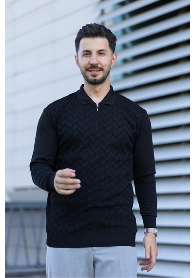 Hk Premium Erkek Triko Kazak Zikzak Desenli Polo Yaka Fermuarlı Slim Fit Siyah