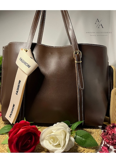 Amoura Kontrast Dikişli Ve Fashion Aksesuarlı Büyük Boy Tote Çanta Koyu Kahverengi