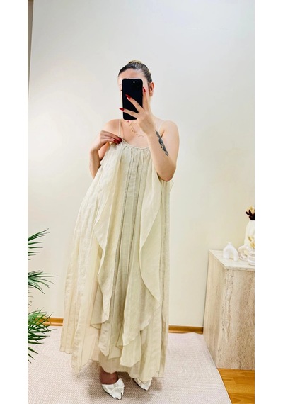Elora Atelier Büzgülü Askılı Ekru Maxi Boy Elbise Çok Renkli