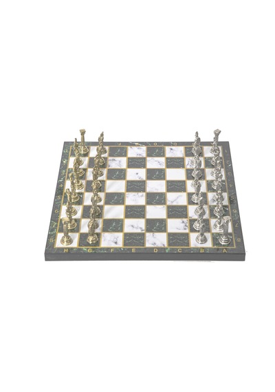 Lüks Metal Satranç Takımı Krom Kaplama Roma Ordusu Figür & Zümrüt Yeşili Mermer Desenli Tahta 20 Cm.