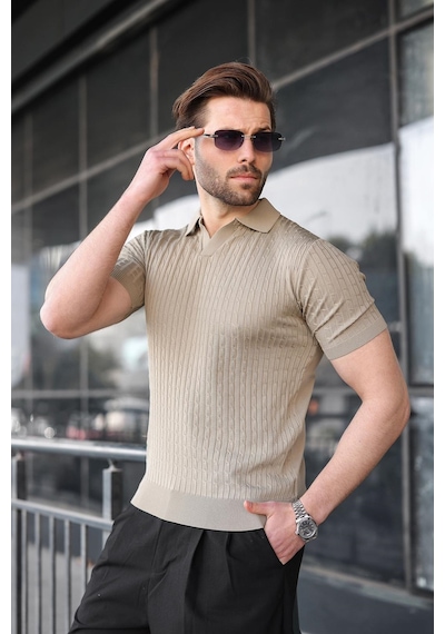 Madmext Vizon Slim Fit Polo Yaka Triko Erkek Tişört E7472 Vizon