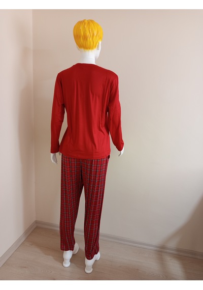 Kırmızı Önü Yazılı Altı Ekose Pijama Takımı Dowry