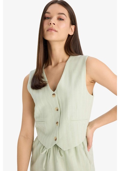 DeFacto Regular Fit V Yaka Keten Karışımlı Blazer Yelek D3474AX25SPGN1181 Yeşil