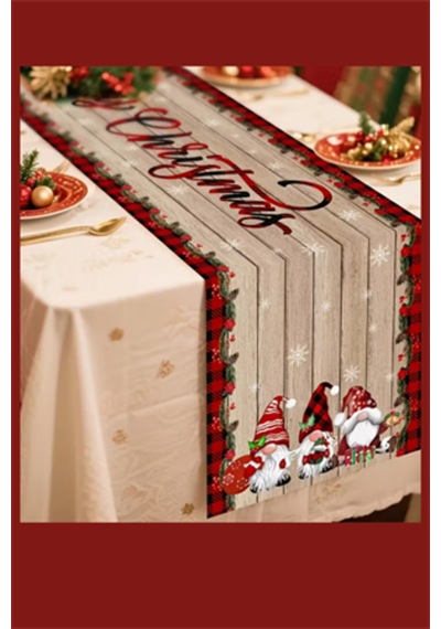 Noel Masa Örtüsü 35x180 Cm Kırmızı Yeşil Cüce Ve Kar Taneli Desen Dayanıklı Polyester Yılbaşı Ma