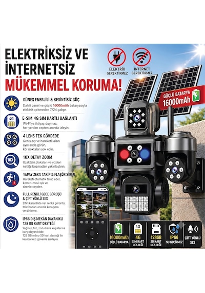 Radem Rd-420 Güneş Enerjili E-sım 4g Sım Kartlı Ptz Güvenlik Kamerası 16000mah 10x Zoom Full Renkli Gece Görüşü Ip66