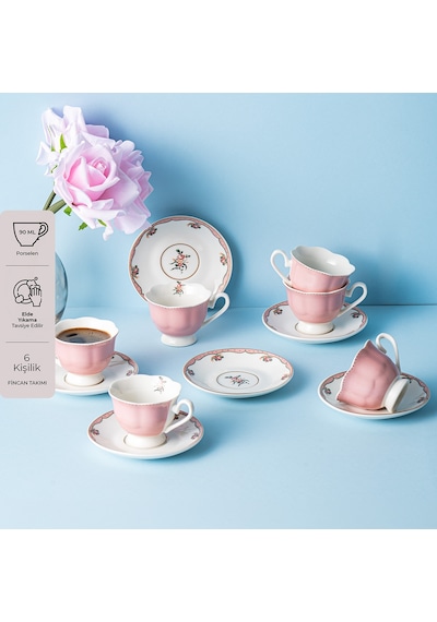Emsan Romance 6 Kişilik New Bone Kahve Fincan Takımı Pembe 90 Ml Görseldeki Renk