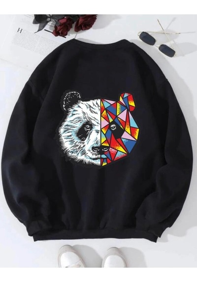 Startmore Siyah Oversize Panda Baskılı Pamuklu 0 Yaka Kapşonsuz Unisex Sweatshirt Siyah