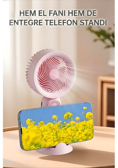 Şarjlı Taşınabilir Mini El Fanı 3 Kademeli Hız Ayarlı Telefon Standlı Vantilatör Pembe
