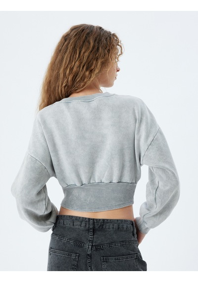 Koton Crop Sweat Korse Detaylı Bisiklet Yaka Yıkamalı Slim Fit Gri 5wal10177ık Gri