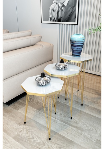 3'lü Zigon Sehpa Gold Serisi Sekizgen Model Zigon Sehpa Metal Tel Ayak Beyaz