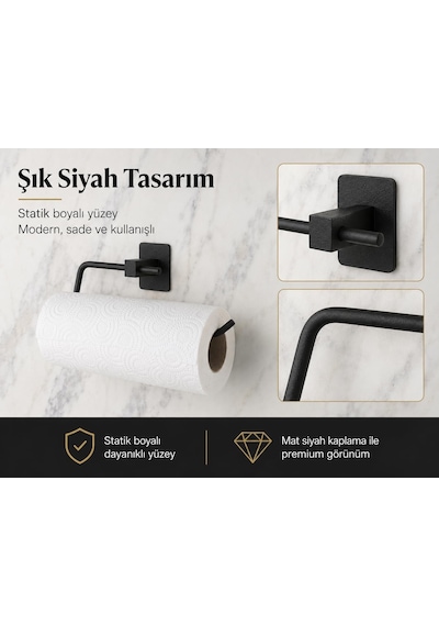 Siyah Kare Kağıt Havluluk, Yapışkanlı Ve Vidalı Montajlı Duvara Monte Rulo Havlu Askısı, Mat Siyah Mutfak Ve Banyo Aksesuarı Cok Renkli