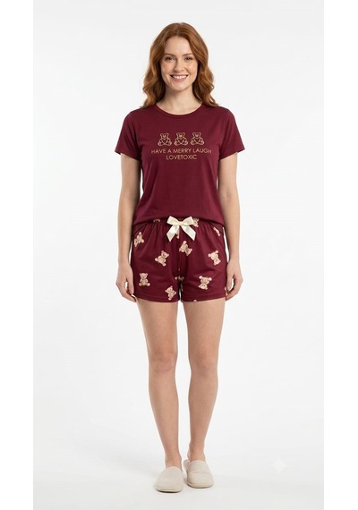 Suısy Cozy Teddy Bordo Kurdele Detaylı Ayıcıklı Pijama Takımı