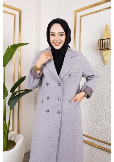 Hb Harma Time Butik Kadın Astarlı Düğmeli Cepli Uzun Gri Kaşe Kaban Açık Gri