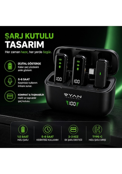 Kablosuz Yaka Mikrofonu 2'li Type-c & Lightning Uyumlu Şarj Kutulu Gürültü Azaltmalı İphone & Android Airmic Pro Ry-wm02