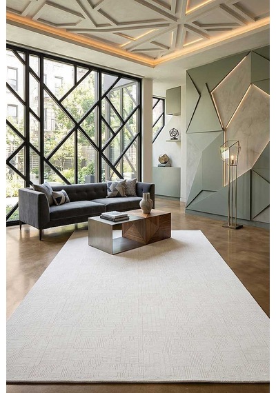 Geometrik Abstract Desenli Prato İpeksi Lüks Viskon Halı Pr08 Gri Beyaz