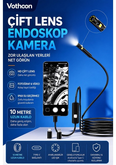10 Metre Çift Kameralı İos/android Uyumlu Yılan Endoskop Kamera 8mm 2mp Led Li Sert Kablo 1