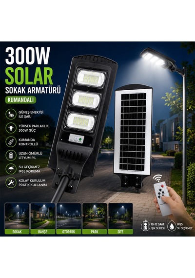 Solar Sokak Lambası 300w 6500k Sensörlü Kumandalı Beyaz