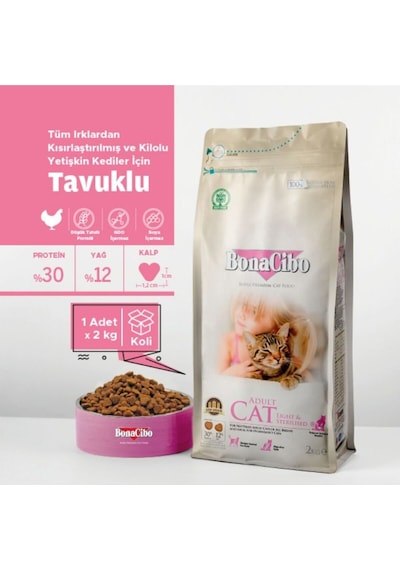 Bonacibo Kısırlaştırılmış Tavuklu Kedi Maması 2 Kg + 6 Adet 400 Gr Ciğerli Yaş Mama