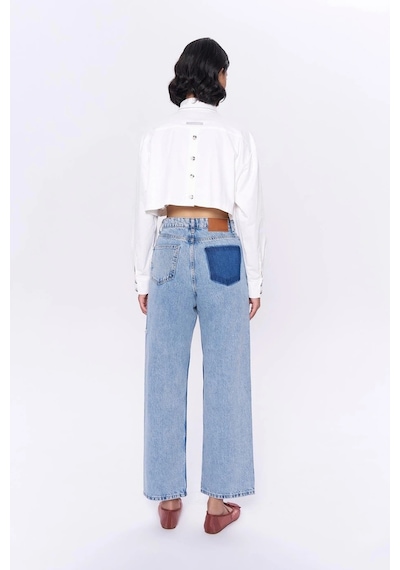 Yırtık Detaylı Bol Paça Denim Pantolon Mavi Mavi